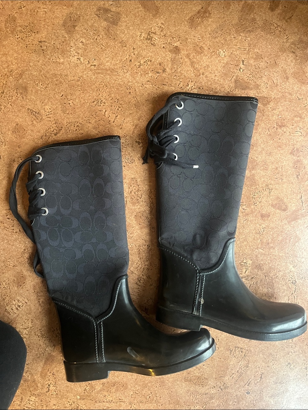 Coach Black Signature Lace-Up Knee-High Rain Boots